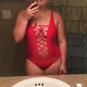 Red lace up swimsuit